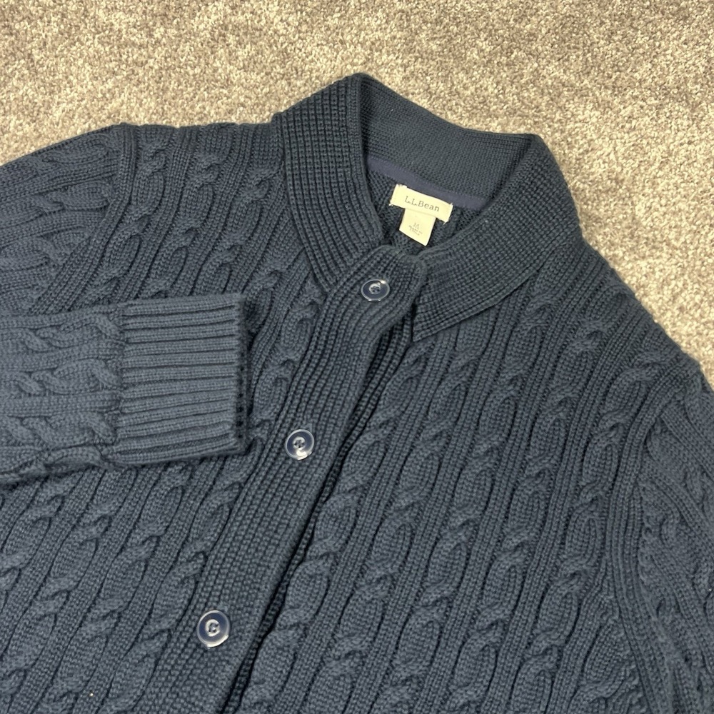 LL Bean Cardigan Sweater Womens Size M Cable Knit Blue Cotton Fisherman Chunky